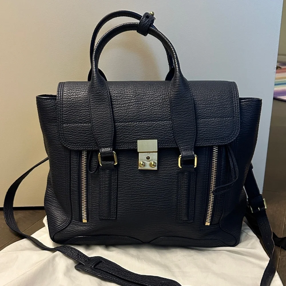 3.1 Phillip Lim Navy (Ink) Leather Satchel with Gold Hardware